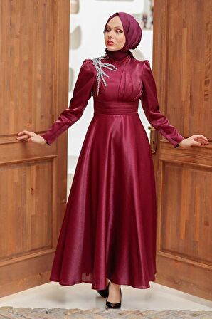 Saten Bordo Tesettür Abiye Elbise 22301BR