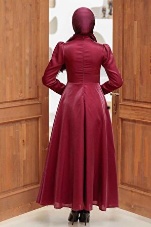 Saten Bordo Tesettür Abiye Elbise 22301BR