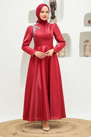 Saten Kırmızı Tesettür Abiye Elbise 22301K