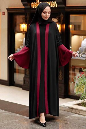 Kolları Detaylı Bordo Tesettür  Abaya 55510BR