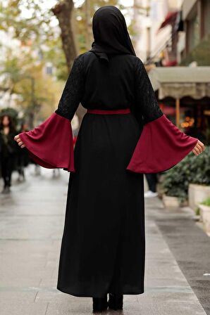 Kolları Detaylı Bordo Tesettür  Abaya 55510BR