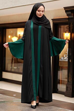 Kolları Detaylı Yeşil Tesettür  Abaya 55510Y