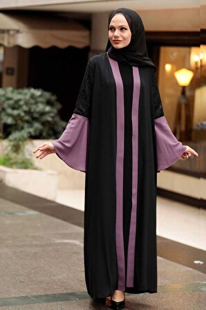 Kolları Detaylı Koyu Gül Kurusu Tesettür Abaya 55510KGK