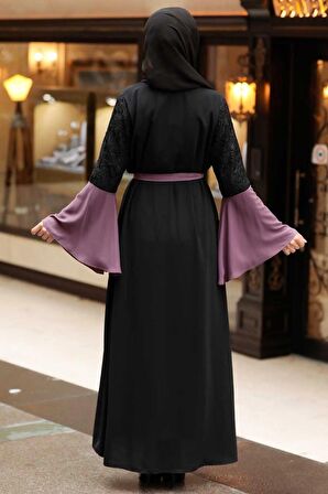 Kolları Detaylı Koyu Gül Kurusu Tesettür Abaya 55510KGK