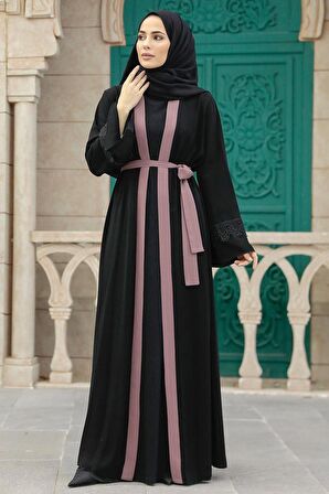 Kemerli Gül Kurusu Tesettür Abaya 55440GK