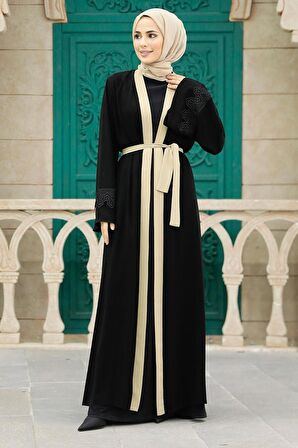 Kemerli Bej Tesettür Abaya 55440BEJ