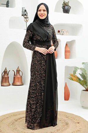 Pul Payet Gold Tesettür Abiye Elbise 56180GOLD