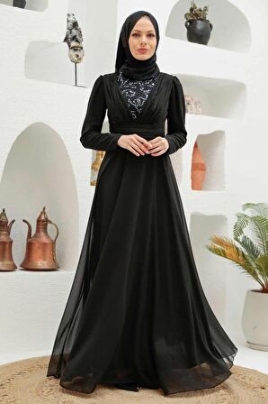 Pul Payet Detaylı Gümüş Tesettür Abiye Elbise 56280GMS