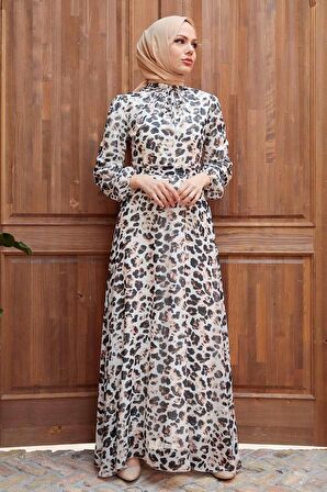 Leopar Desenli Bej Tesettür Elbise 279021BEJ
