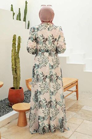 Çiçek Desenli Pudra Tesettür Elbise 279024PD