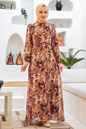 Çiçek Desenli Taba Tesettür Elbise 279014TB