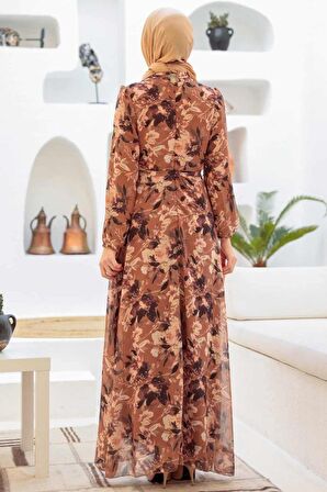 Çiçek Desenli Taba Tesettür Elbise 279014TB