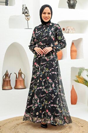 Çiçek Desenli Siyah Tesettür Elbise 279032S