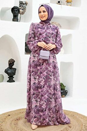 Çiçek Desenli Koyu Gül Kurusu Tesettür Elbise 279014KGK