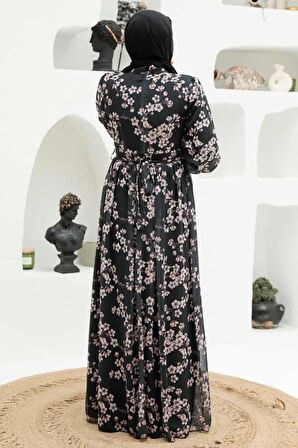 Çiçek Desenli Siyah Tesettür Elbise 56830S