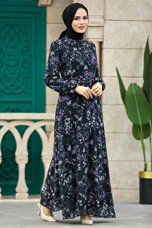 Çiçek Desenli Siyah Tesettür Elbise 279044S