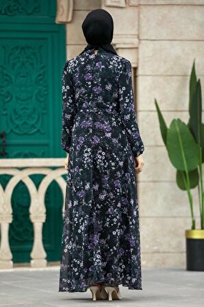Çiçek Desenli Siyah Tesettür Elbise 279044S