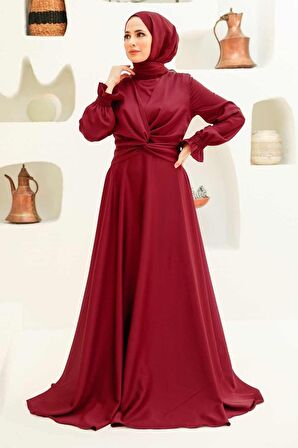 Saten Bordo Tesettür Abiye Elbise 3389BR