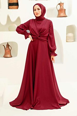 Saten Bordo Tesettür Abiye Elbise 3389BR