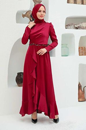 Volanlı Bordo Saten Tesettür Abiye Elbise 3381BR