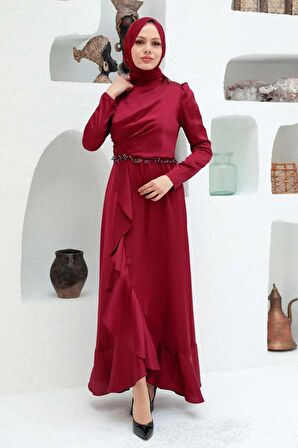 Volanlı Bordo Saten Tesettür Abiye Elbise 3381BR