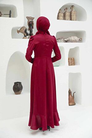 Volanlı Bordo Saten Tesettür Abiye Elbise 3381BR