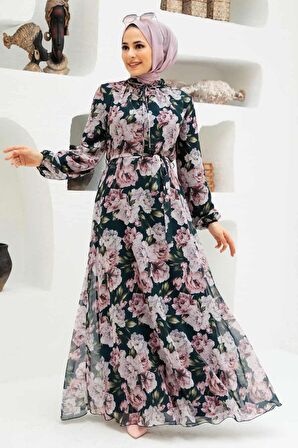 Çiçek Desenli Siyah Tesettür Elbise 279058S