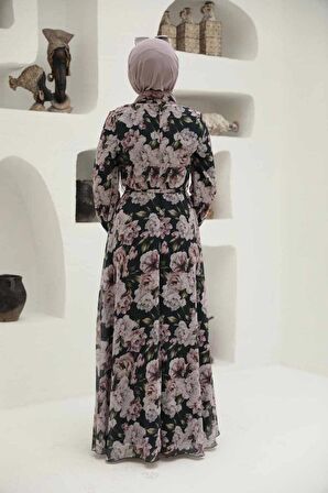 Çiçek Desenli Siyah Tesettür Elbise 279058S