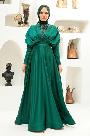 Boncuk İşlemeli Yeşil Tesettür Abiye Elbise 22451Y