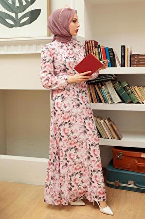 Çiçek Desenli Pembe Tesettür Elbise 279072P