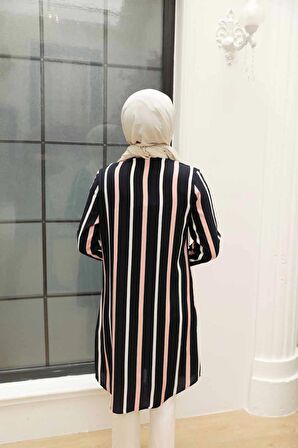Çizgili Lacivert Tesettür Viskon Tunik 11584L