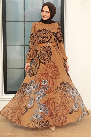 Kelebek Desenli Hardal Tesettür Elbise 3463HR