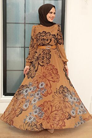 Kelebek Desenli Hardal Tesettür Elbise 3463HR