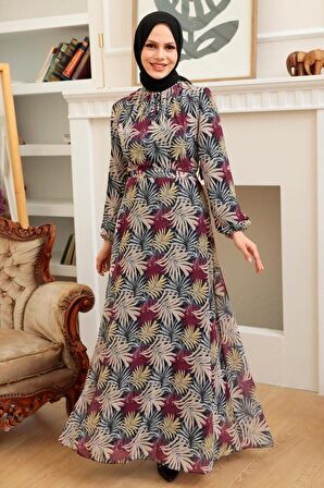 Çiçek Desenli Bordo Tesettür Elbise 279076BR