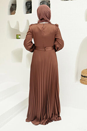 Saten Kahverengi Tesettür Abiye Elbise 3452KH
