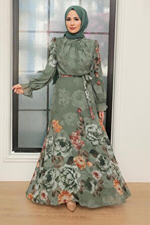Çiçek Desenli Çağla Yeşili Tesettür Elbise 35461CY
