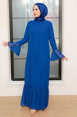 Kol Ucu Volanlı Sax Mavisi Tesettür Elbise 5729SX