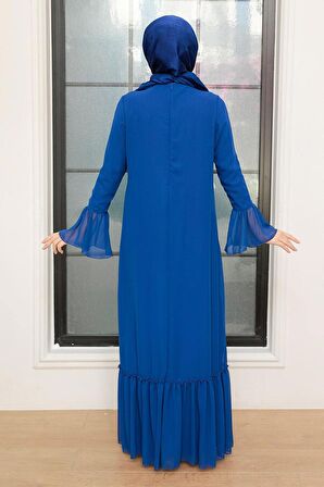 Kol Ucu Volanlı Sax Mavisi Tesettür Elbise 5729SX