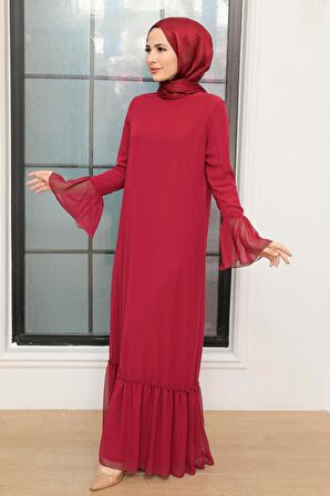 Neva Style - Kol Ucu Volanlı Bordo Tesettür Elbise 5729BR