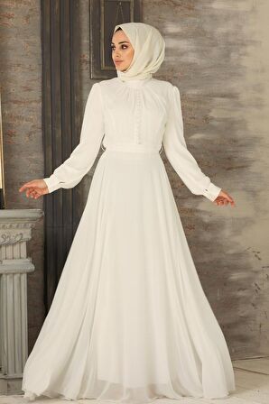 Düğme Detaylı Ekru Tesettür Elbise 2703E