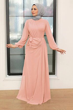 Tesettür Abiye Elbise - Drape Detaylı Pudra Tesettür Abiye Elbise 5711PD
