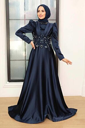 Boncuk İşlemeli Lacivert Saten Tesettür Abiye Elbise 22640L