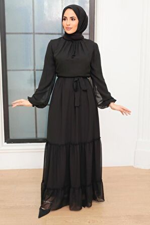 Neva Style - Kat Pliseli Siyah Tesettür Elbise 5726S
