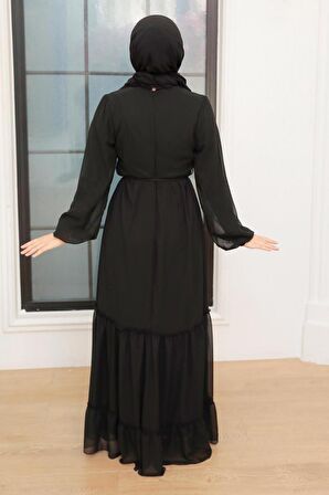 Neva Style - Kat Pliseli Siyah Tesettür Elbise 5726S