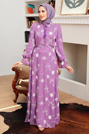 Çiçek Desenli Lila Tesettür Elbise 32944LILA
