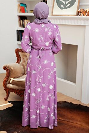 Çiçek Desenli Lila Tesettür Elbise 32944LILA