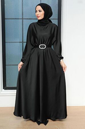 Siyah Saten Tesettür Elbise 5727S