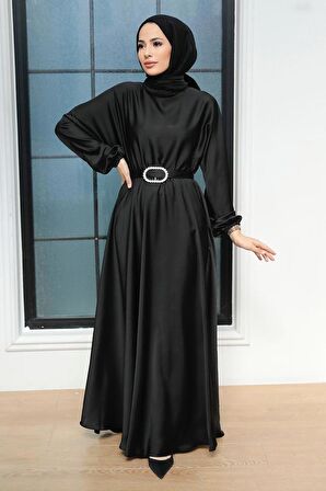 Siyah Saten Tesettür Elbise 5727S
