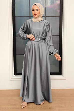 Gri Saten Tesettür Elbise 5727GR