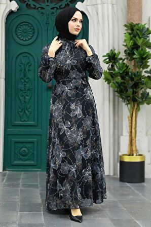 Çiçek Desenli Siyah Tesettür Elbise 279079S
